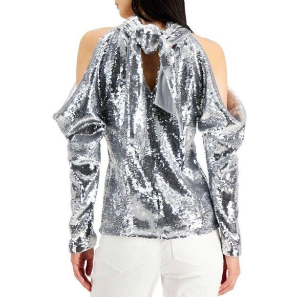 INC Silver‎ Sequins Cold Shoulder Top Sz XS NEW - Picture 7 of 8